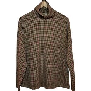 Lands' End Brown and Pink Plaid Cotton Blend Long Sleeve Turtleneck Shirt